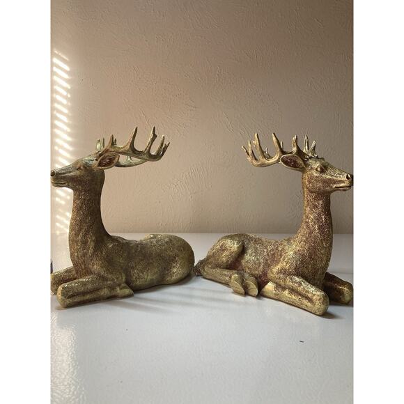 Gold Tone Deer Statue Fireplace Mantel Decor Pair - Picture 7 of 7